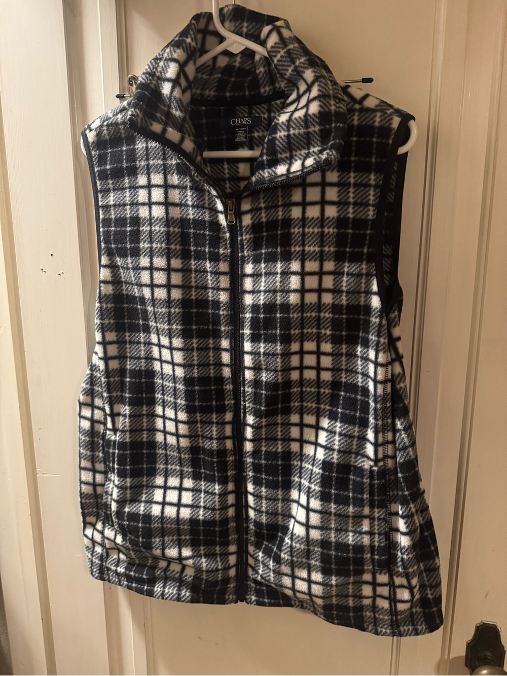 Chaps Black & White Plaid Fleece Zip Vest